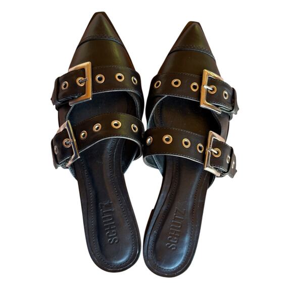 Schutz "Penny Flats" Black Buckle Mules with Silver Hardware, Pointy Toes size 6 - Picture 6 of 15